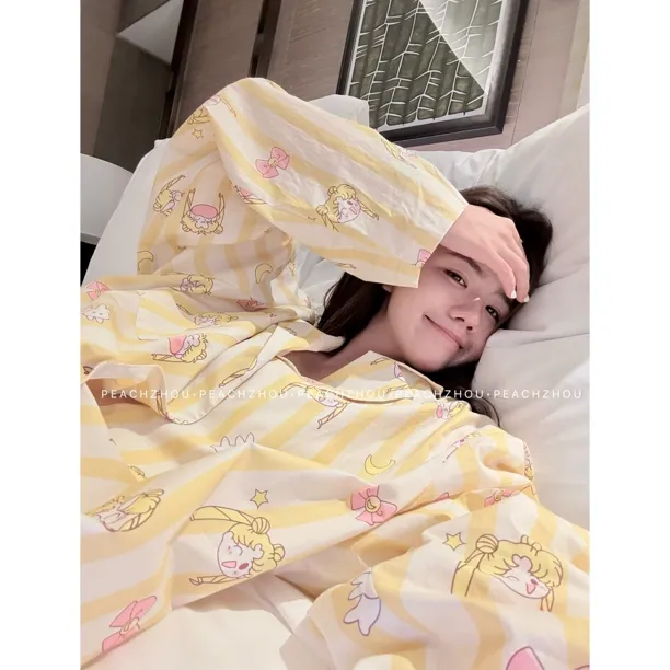 PEACHZHOU 条纹美少女印花宽松长袖松紧腰长裤减龄睡衣家居服套装