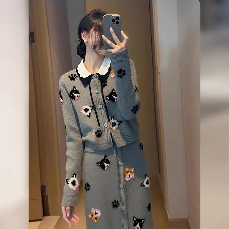 巨好看的早秋一整套韩系减龄洋气小众设计感猫爪提花毛衣套装裙女