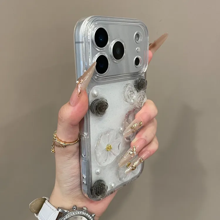 简约ins风立体珍珠花朵适用iPhone17pm手机壳16Pro滴胶15高级14女