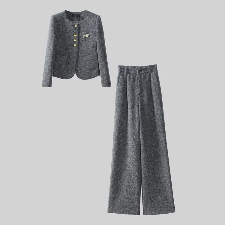 【纪朵研】Y035加厚款小香风时尚套装女装高腰复古套装秋冬阔腿裤女