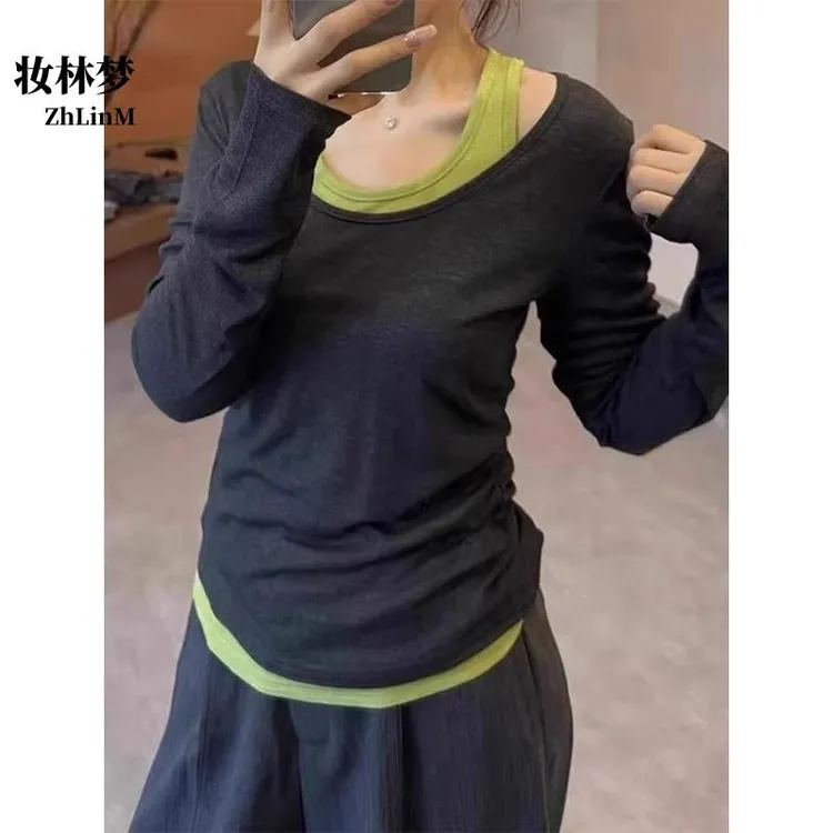 显瘦圆领撞色两件套长袖恤女早秋爆款胖修身超火上衣