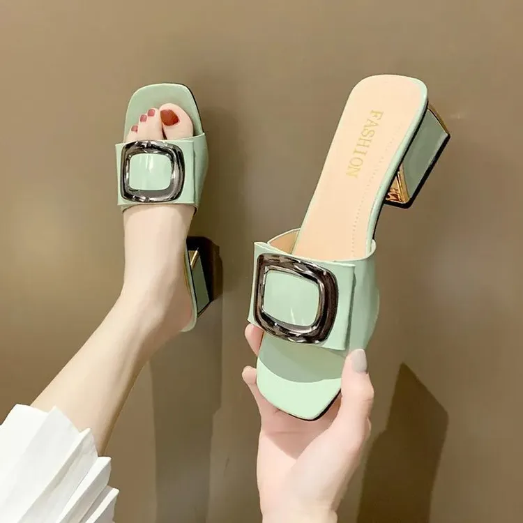 明星同款百搭鞋子高跟鞋女夏季外穿时尚中跟粗跟仙女一字拖ins