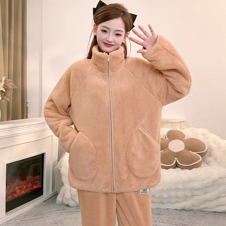 【毛茸茸】简约舒适立领学生秋冬天家居服可外穿女法兰绒家居服睡衣