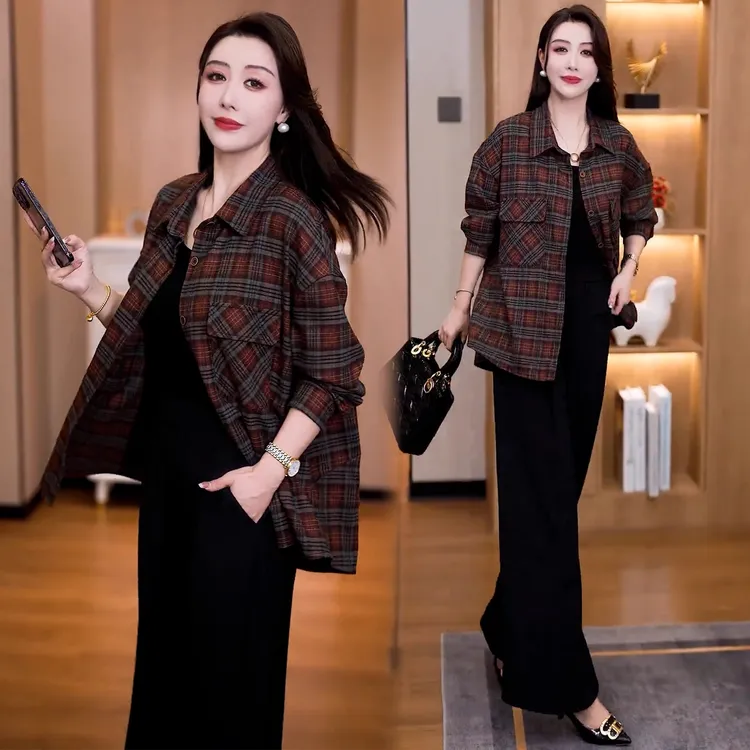 时尚休闲格子衬衫外套女2025秋季新款显瘦减龄宽松大码洋气衬衫潮