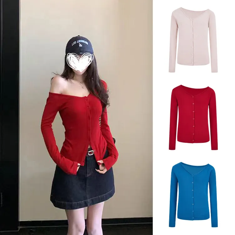 Moses Queen/魔西女王新年红斜肩露肩修身针织衫独特气质长袖上衣