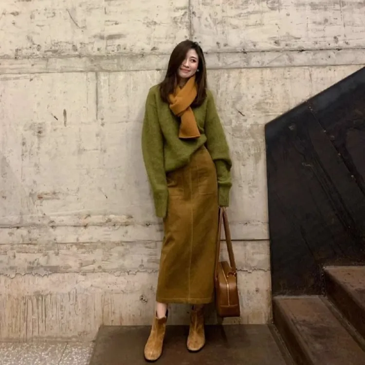 秋冬搭配一整套慵懒风复古绿色毛衣韩版穿搭包臀气质半身裙套装女