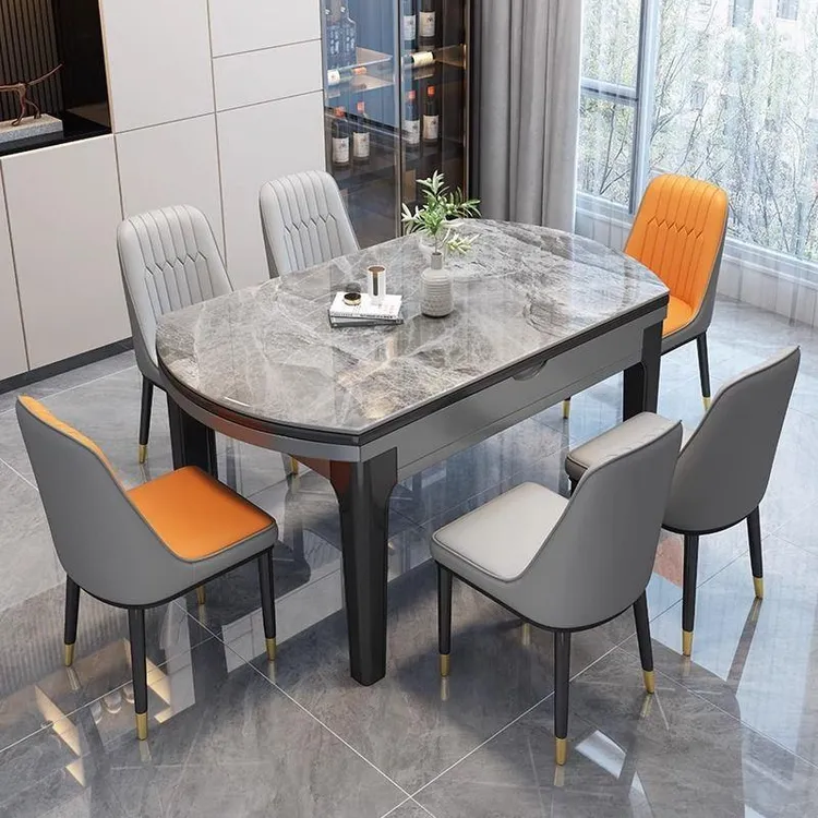 岩板餐桌椅餐桌组合现代简约可伸缩家用饭桌方圆两用餐桌