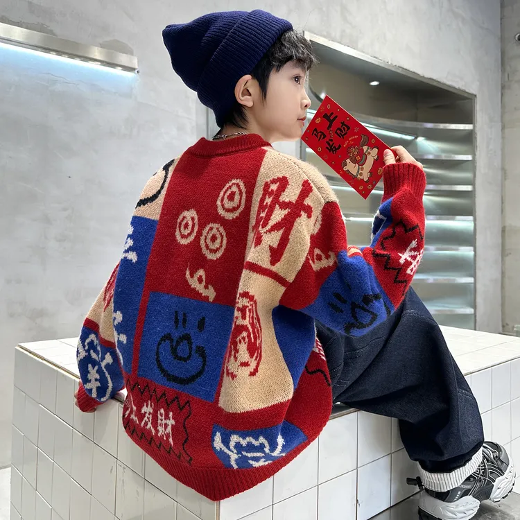 男童加厚红色毛衣冬季2026新款儿童中大童本命马年秋冬过新年衣服