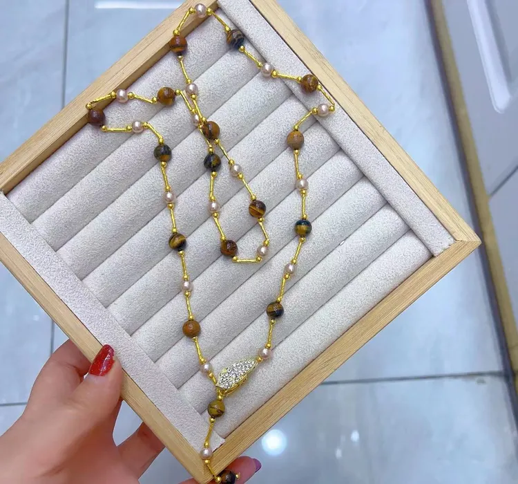 铜合金项链 新款复古拉德虎眼石咖色串珠项链 00068