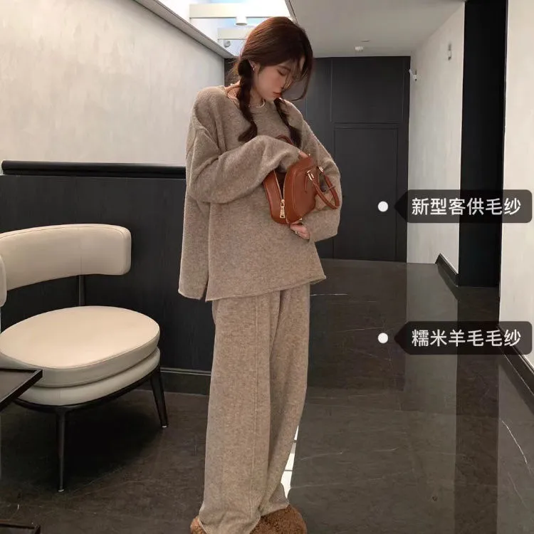 韩版软糯慵懒风针织套装秋冬新款温柔圆领套头毛衣阔腿裤两件套女