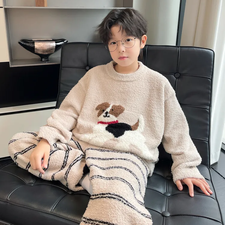 童秋冬款法兰绒套装2025新款冬季珊半边绒儿童睡衣大童加厚家居服