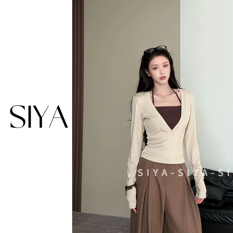 【SIYA】撞色假两件挂脖长袖针织T恤秋季新款复古气质修身显瘦上衣