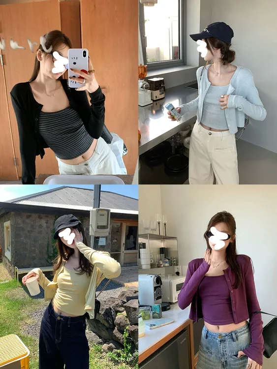韩系圆领长袖短开衫针织衫+可调节吊带两件套女秋季