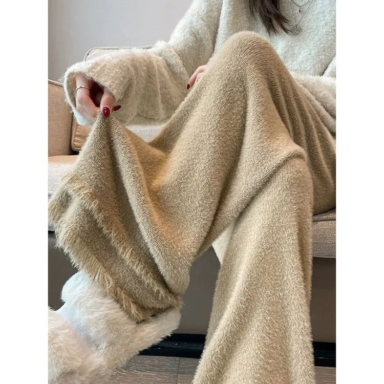 软糯水貂绒双层流苏直筒裤女秋冬新款高腰宽松垂感慵懒休闲糯米裤