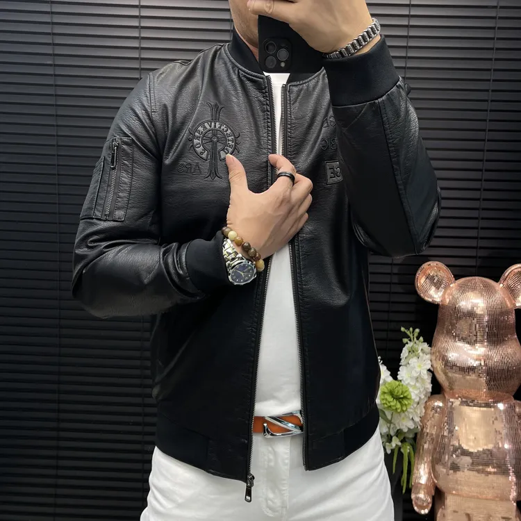 男士棒球领皮衣夹克外套919时尚潮流修身显瘦百搭防风保暖帅气