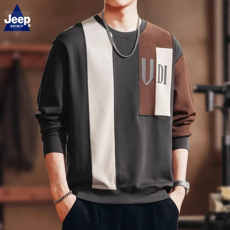 高端日系复古长袖卫衣男款重磅撞色拼接秋季休闲圆领上衣潮