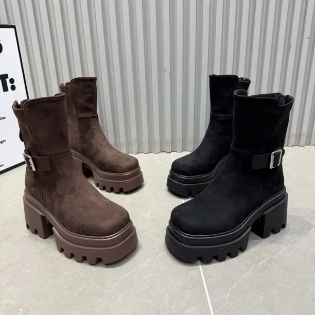 浩9583-1新款厚底粗跟磨砂绒方头洋气秋冬短靴跟高8公分显脚小