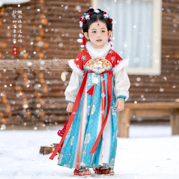 萌乎【丹彩】儿童汉服唐风女童冬款季加绒加厚绣花唐装襦裙-255916