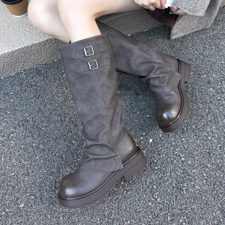 25200-6秋冬女软皮长筒靴骑士厚底瘦瘦靴时尚潮流百搭