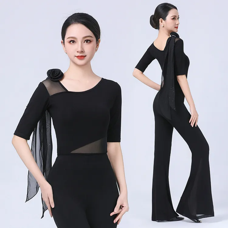 形体训练服装女舞蹈模特走秀练功服单上衣高腰喇叭裤气质礼仪导师