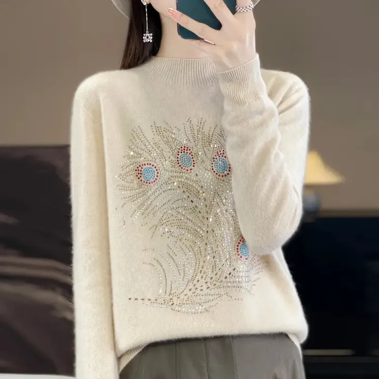 【100%羊毛】2025秋冬新款毛衫羽毛烫钻女半高纯色内搭百搭