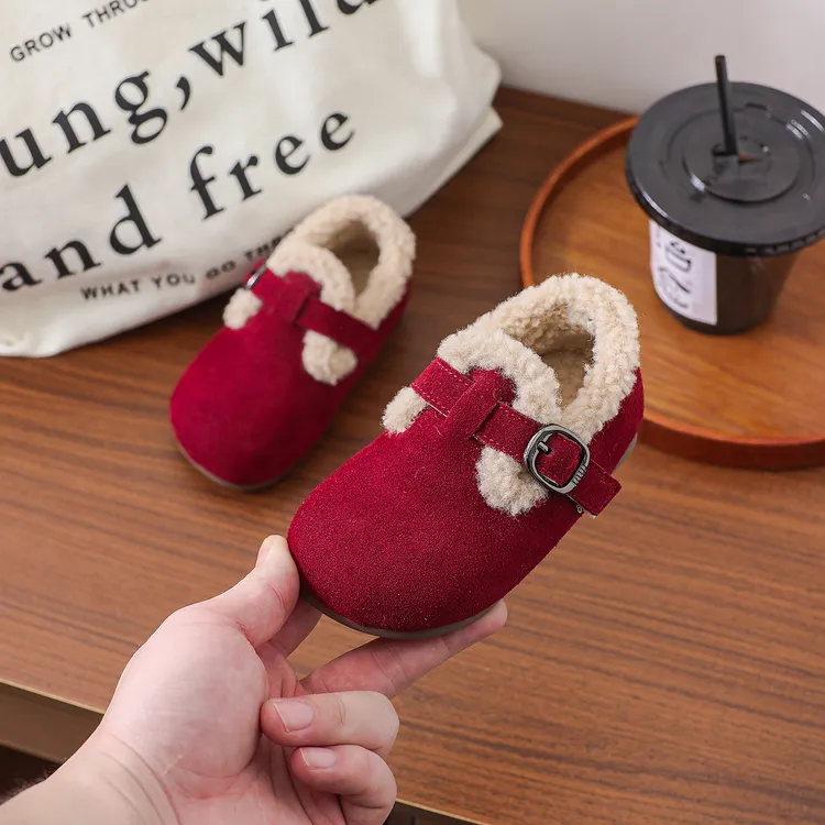 真皮宝宝豆豆鞋儿童勃肯棉鞋2025冬羊羔毛学步鞋保暖红色公主6897