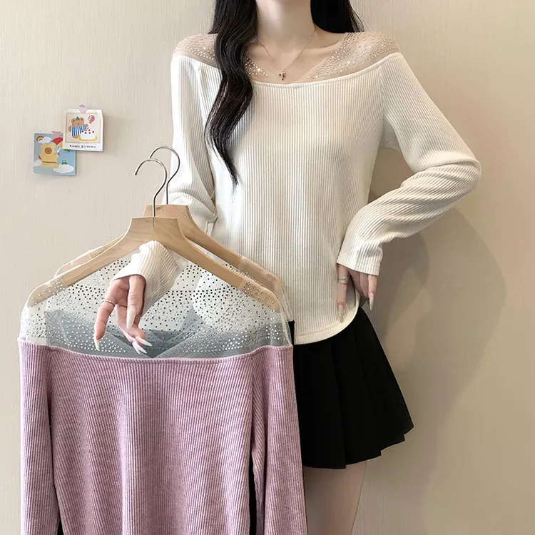 大码女装新款秋冬设计感重工烫钻拼接性感V领长袖针织衫3830