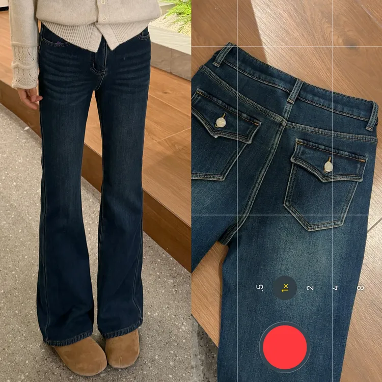 宿慕SUMU经典显瘦牛仔筒喇裤2025新12-16百搭加绒直筒微喇裤33098