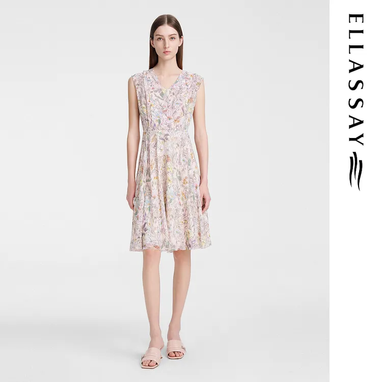 ELLASSAY歌力思夏季100桑蚕丝V领修身气质连衣裙女EWE351Y14400