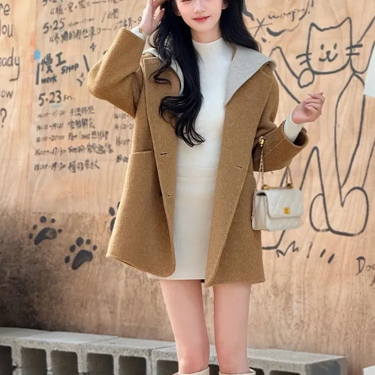 新款西装双面羊毛连帽外套2025中长款女时尚高级百搭秋冬羊毛大衣