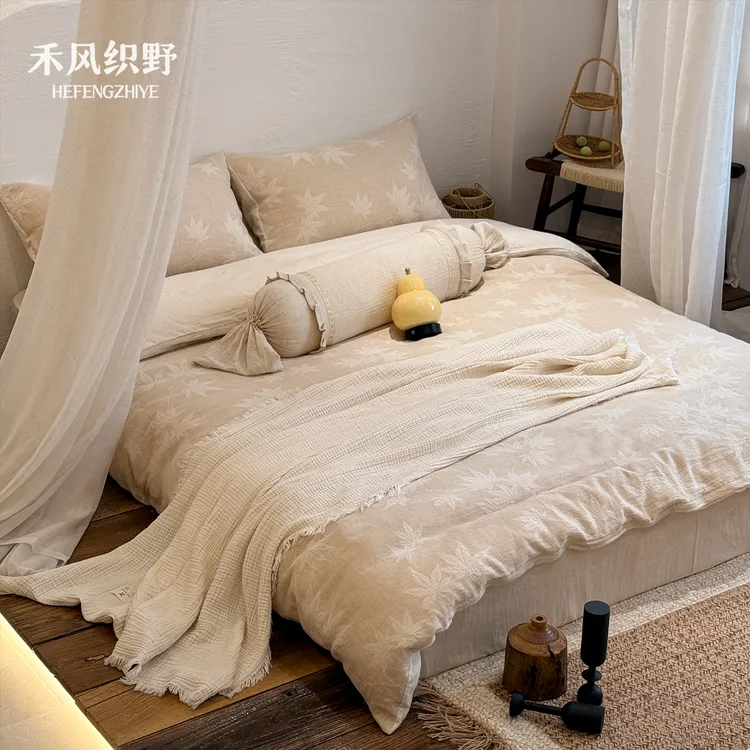 禾风织野秋冬亚麻四件套A类色织双层纱提花复古风亚麻棉加厚