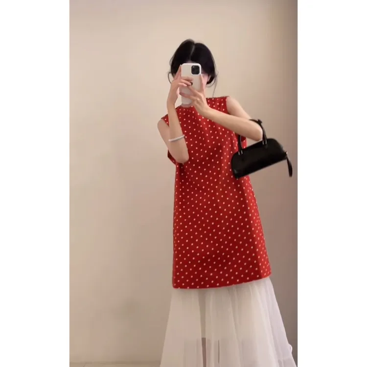 MARIE.COCO法式复古浪漫红色波点连衣裙无袖背心裙网纱半身裙套装