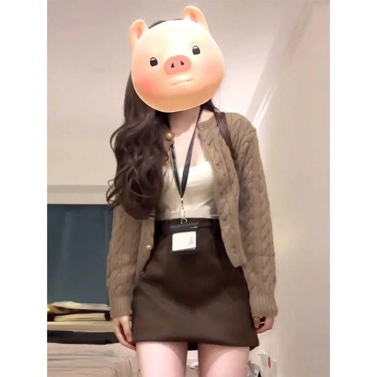 大尺码胖妹妹美拉德软糯针织开衫2025年春季圆领长袖毛衣半身裙套