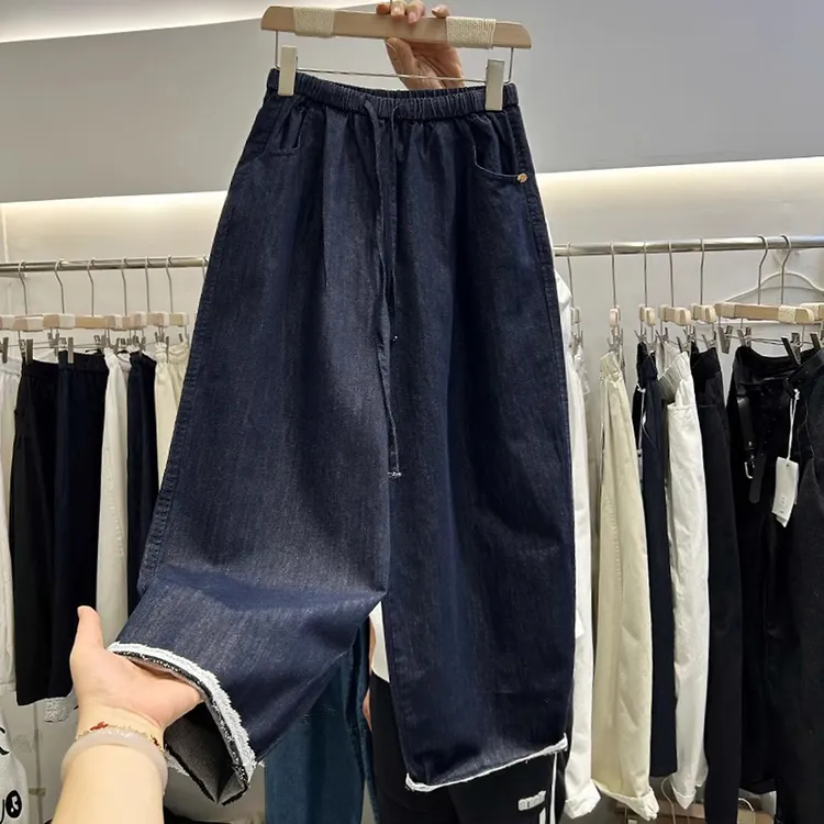 韩系蕾丝花边牛仔阔腿裤女春夏小个子宽松直筒裤休闲九分哈伦裤潮