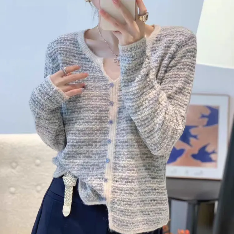 【6868剪刀V领拼色单排扣】针织衫宽松显瘦休闲时尚百搭圆领