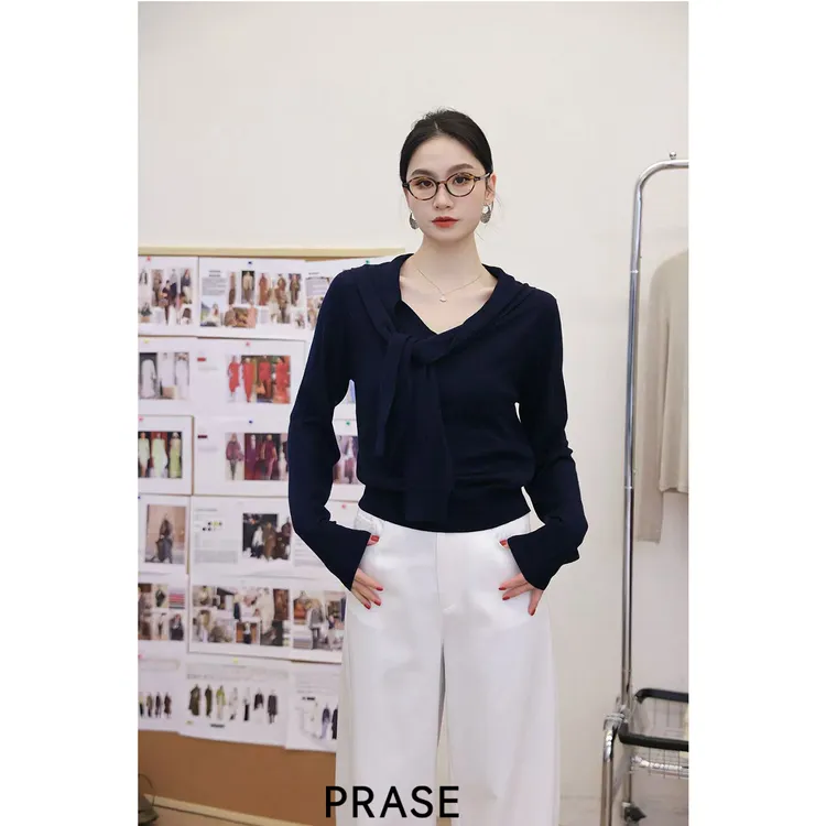 PRASE·噜【航海少女】微胖轻奢设计款秋女羊毛拼接领毛织衫PR508C34