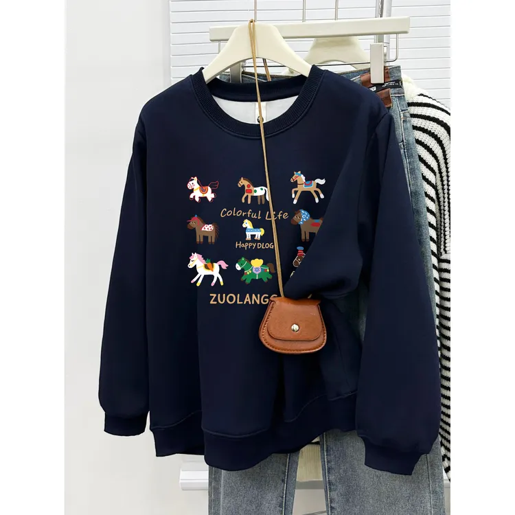 2026新款小马印花加绒加厚正肩卫衣女胖MM大码圆领打底衫冬季上衣