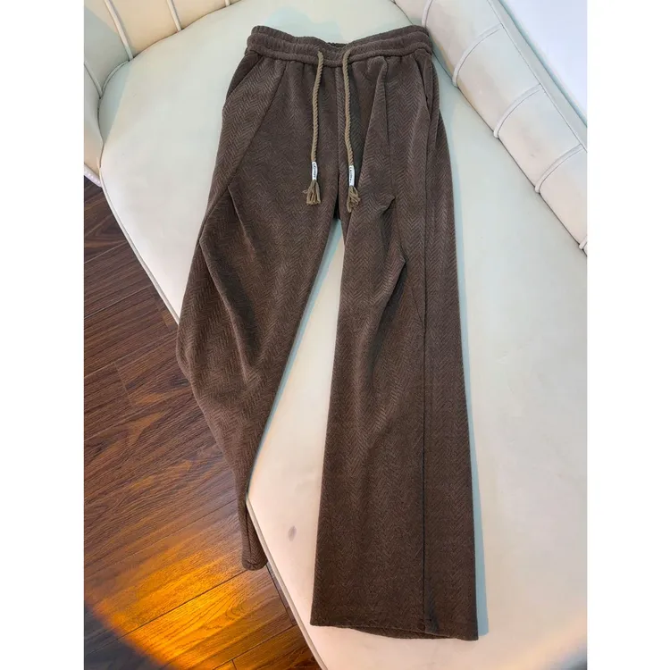 咖啡色人字纹褶皱针织卫裤男款秋季潮牌垂感直筒长裤美式休闲裤子