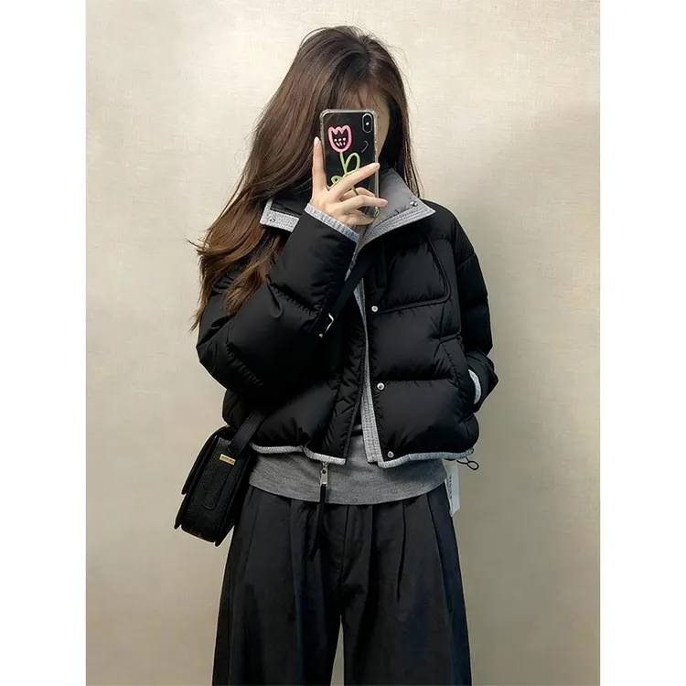 2025巨好看的短款羽绒服女冬小个子翻领撞色外套厚棉袄韩系面包服