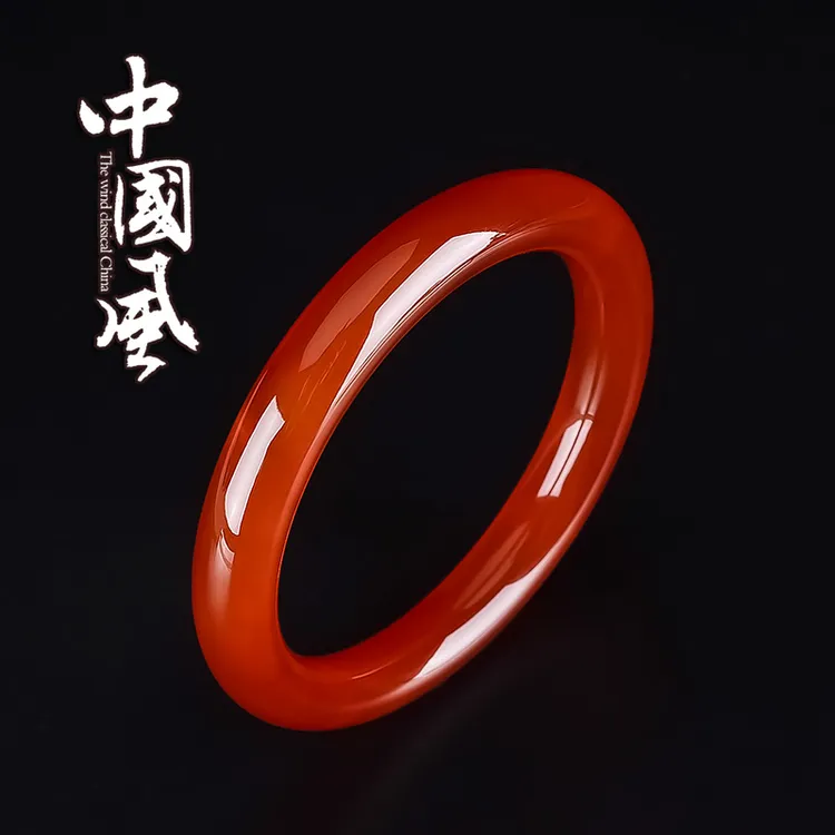 天然红玛瑙手镯女款玉手镯玉髓镯子细圆条手镯贵妃镯本命年玉手镯