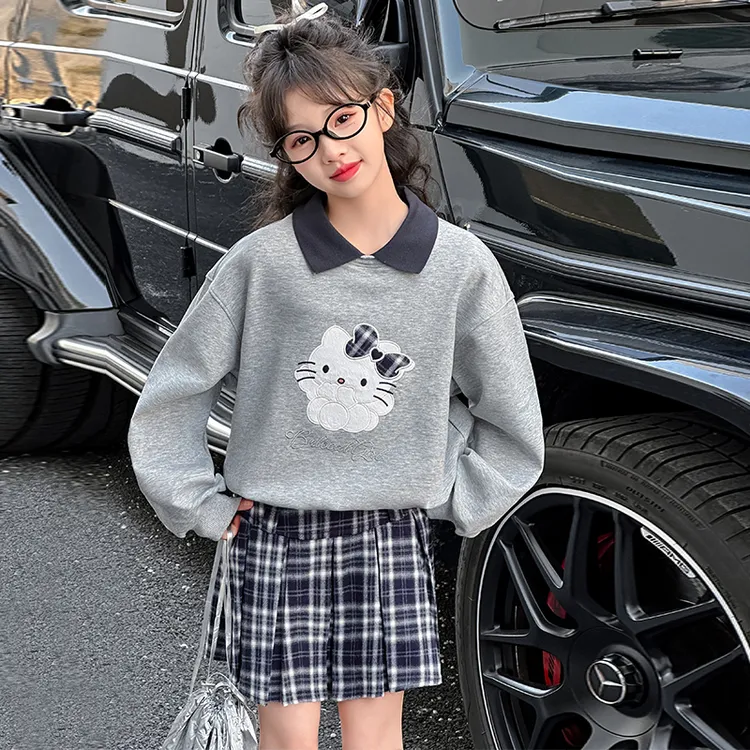 女童春装学院风短裙套装女孩中大童长袖洋气时尚韩版卡通两件套