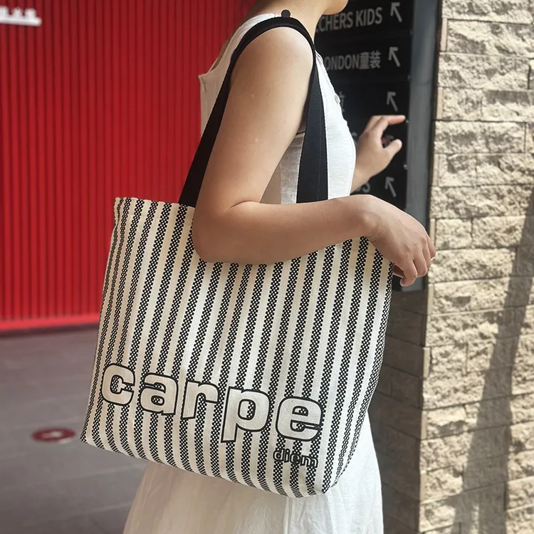 高颜值条纹上班族手提布袋妈咪外出包学生上课装书帆布包2025新款
