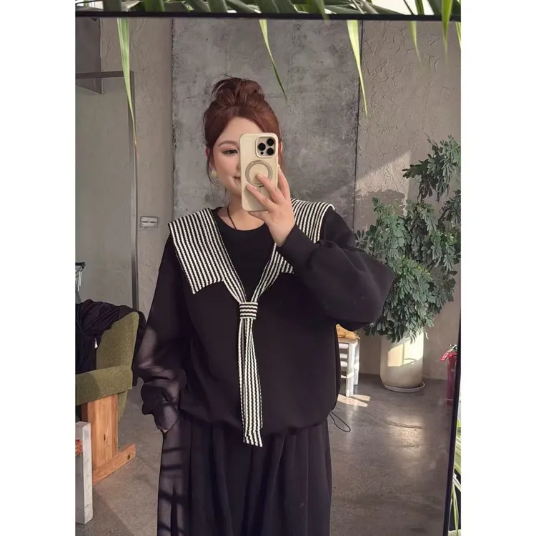 晶咕佳佳【艺术插班生】纯色带条纹披肩假两件圆领卫衣T恤气质时尚