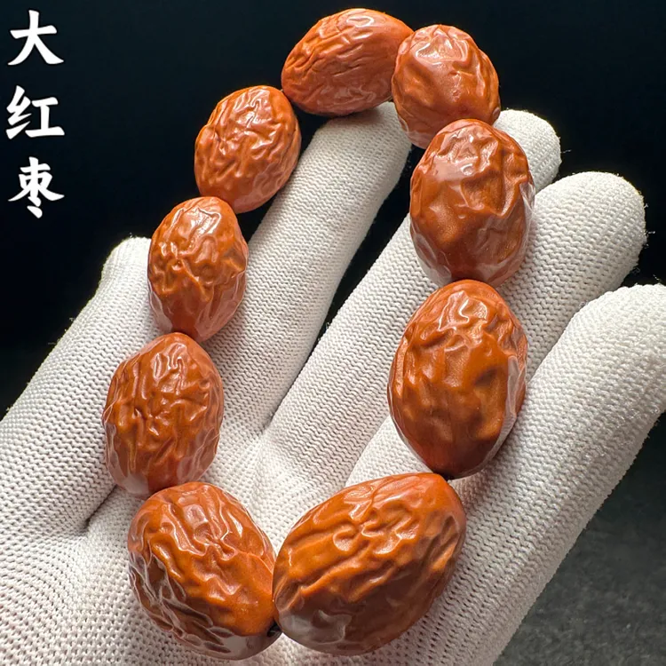 老树核精雕大枣橄榄核手串男士款高端枣珠红枣素串精品素核素珠串