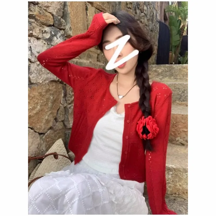 设计感镂空短款红色开衫女夏季薄款外搭修身显瘦防晒针织长袖上衣