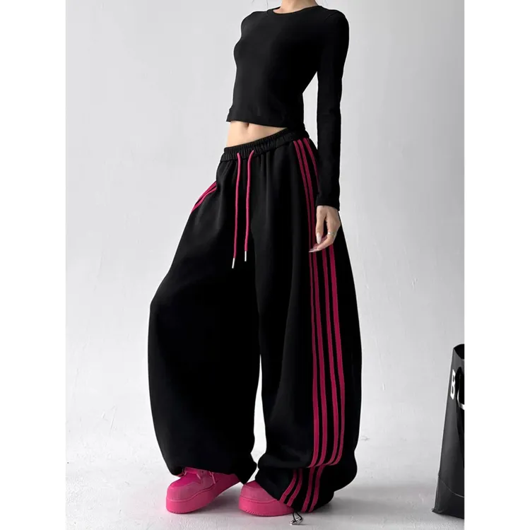 2025秋冬新款美式休闲裤女宽松直筒阔腿卫裤百搭显瘦抽绳束脚裤子