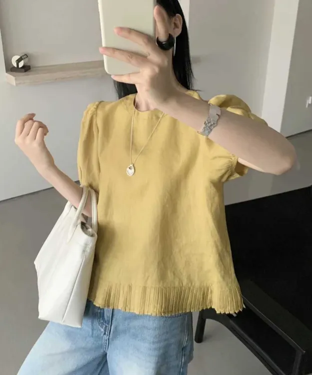2025夏季新款圆领泡泡袖衬衫百褶花边拼接下摆时尚休闲纯色上衣