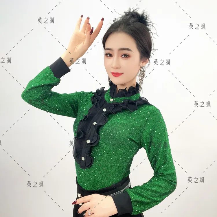 【英之飒】时尚百搭烫钻长袖上衣女修身显瘦水兵舞吉特巴舞服2230
