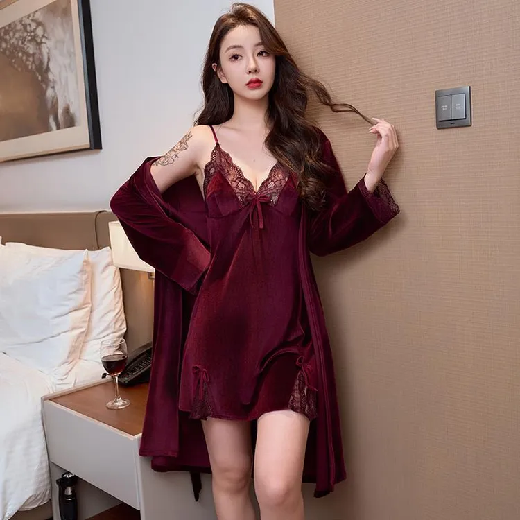 维多利亚轻奢品质～！性感睡衣女蕾丝秋冬季性感睡裙睡袍纯欲套装
