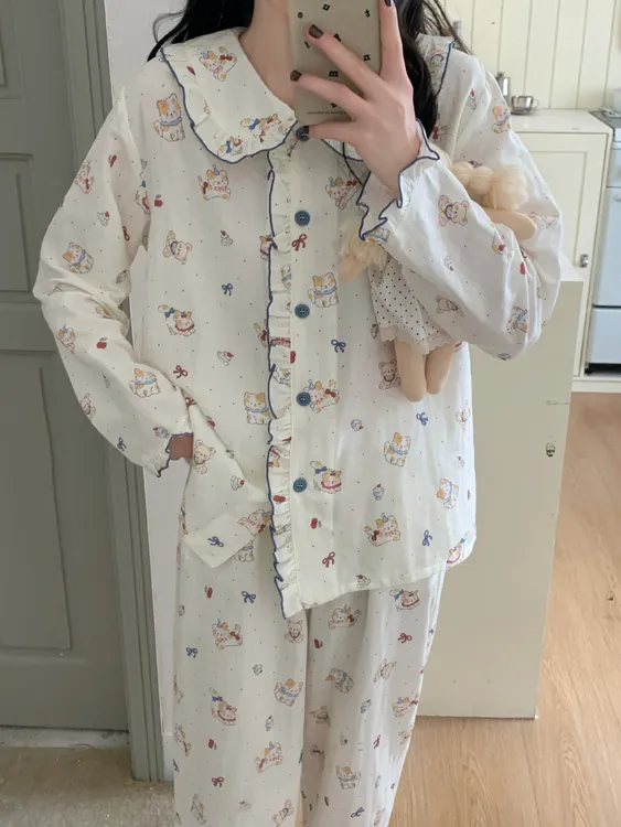 100%纯棉纱布睡衣女款春秋季ins风可爱小猫长袖显白可外穿家居服